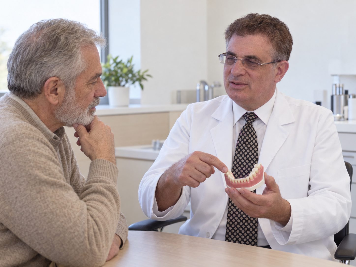 Dr. Doron Koter showing a patient an implant overdenture on a jaw model